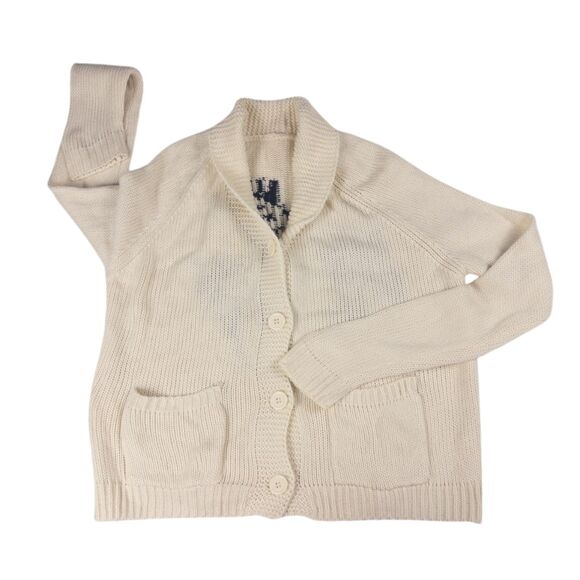 Coastal Lobster Knit Cardigan Button Front Patch Pocket Sweater M Nautical Print - Picture 2 of 6